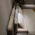 Dual-Material Upholstered Bed with Beige Leather & Grey Fabric Headboard & Low-Profile Base